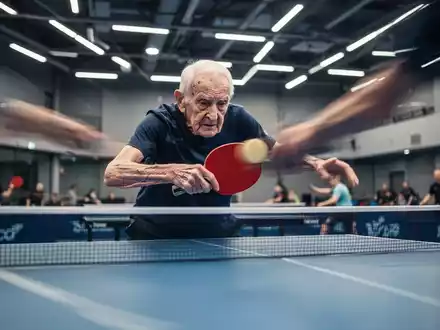 Eine Person mit Parkinson spielt intensiv Tischtennis, fokussiert auf den Ball, in einer hellen Sporthalle. - Foto: über boerse-global.de