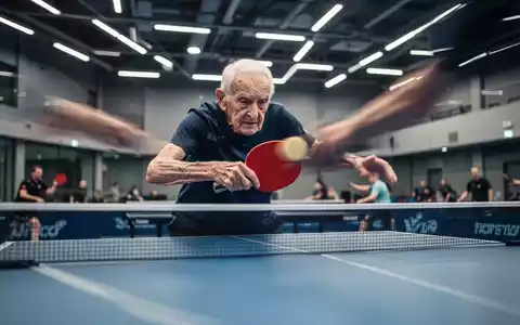Eine Person mit Parkinson spielt intensiv Tischtennis, fokussiert auf den Ball, in einer hellen Sporthalle. - Foto: über boerse-global.de