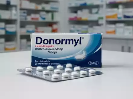Eine Blisterpackung mit Schlafmitteltabletten, möglicherweise Donormyl, liegt auf einer sauberen Oberfläche in einer Apothekenumgebung. - Foto: über boerse-global.de