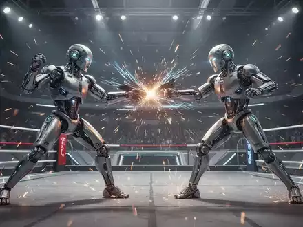 Zwei fortschrittliche humanoide Roboter kämpfen in einer großen, futuristischen Arena. - Foto: über boerse-global.de