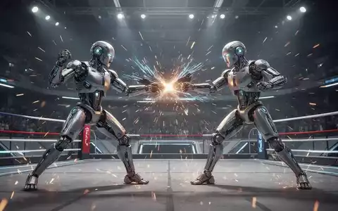 Zwei fortschrittliche humanoide Roboter kämpfen in einer großen, futuristischen Arena. - Foto: über boerse-global.de