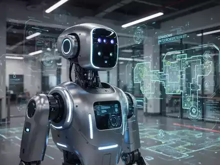 Fortschrittlicher autonomer Roboter mit leuchtenden Sensoren navigiert durch komplexe Innenumgebung, veranschaulicht kontextuelle Intelligenz und semantische Kartierung. - Foto: über boerse-global.de
