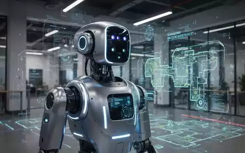 Fortschrittlicher autonomer Roboter mit leuchtenden Sensoren navigiert durch komplexe Innenumgebung, veranschaulicht kontextuelle Intelligenz und semantische Kartierung. - Foto: über boerse-global.de