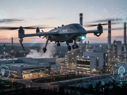 Fortschrittliche Militärdrohne fliegt über modernes europäisches Forschungszentrum in der Dämmerung. - Foto: über boerse-global.de