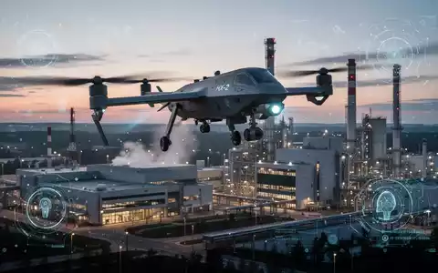 Fortschrittliche Militärdrohne fliegt über modernes europäisches Forschungszentrum in der Dämmerung. - Foto: über boerse-global.de
