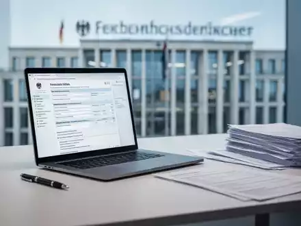 Ein moderner Schreibtisch mit Laptop, der eine digitale Steuererklärung anzeigt, Stift und Dokumentenstapel. Im Hintergrund ein Finanzamtsgebäude. - Foto: über boerse-global.de