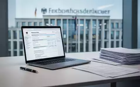 Ein moderner Schreibtisch mit Laptop, der eine digitale Steuererklärung anzeigt, Stift und Dokumentenstapel. Im Hintergrund ein Finanzamtsgebäude. - Foto: über boerse-global.de