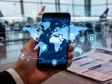 Eine Hand hält ein Smartphone mit einer Weltkarte und digitalen Symbolen, im Hintergrund verschwommen ein Flughafen. - Foto: über boerse-global.de