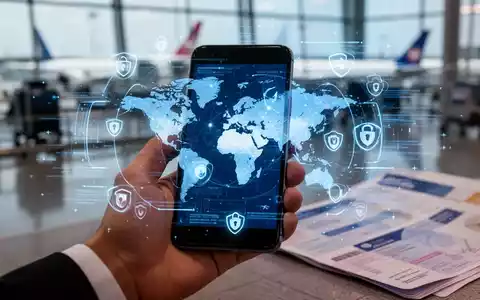 Eine Hand hält ein Smartphone mit einer Weltkarte und digitalen Symbolen, im Hintergrund verschwommen ein Flughafen. - Foto: über boerse-global.de