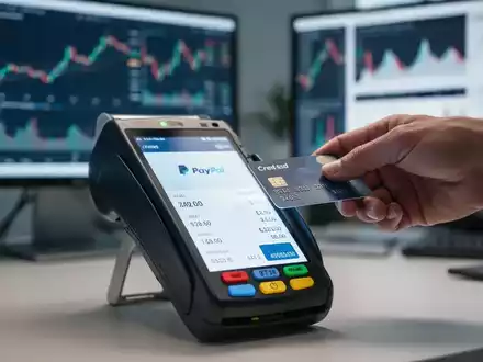 Digitales Zahlungsterminal mit Transaktionsdetails, Kreditkarte kurz vor dem Auflegen. Verpixeltes PayPal-Logo sichtbar. - Foto: über boerse-global.de