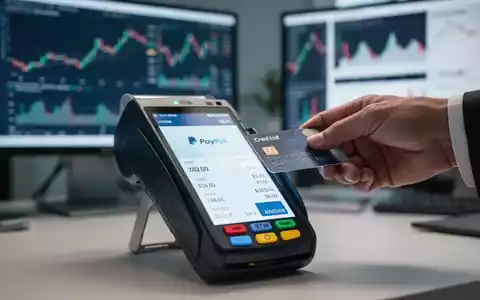 Digitales Zahlungsterminal mit Transaktionsdetails, Kreditkarte kurz vor dem Auflegen. Verpixeltes PayPal-Logo sichtbar. - Foto: über boerse-global.de