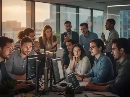 Menschen in einem modernen Büro, die zusammenarbeiten und lernen, mit Fokus auf Weiterbildung und KI-Integration. - Foto: über boerse-global.de