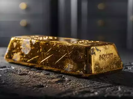 Ein einzelner, leicht angelaufener Goldbarren ruht auf einer dunklen, strukturierten Oberfläche in einem gedämpften Licht. - Foto: über boerse-global.de