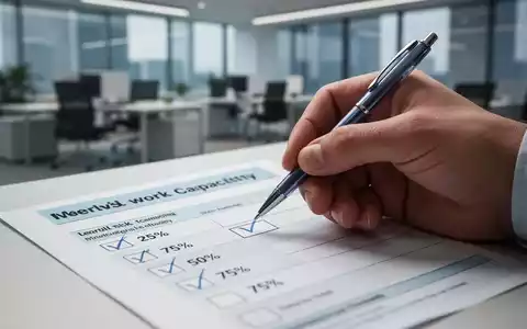 Eine Hand hält einen Stift über ein medizinisches Formular mit Optionen für Teilarbeitsunfähigkeit. Im Hintergrund ein unscharfes Büro. - Foto: über boerse-global.de