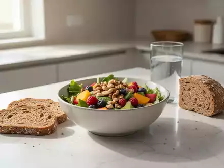 Ein minimalistischer Küchentresen mit einer Schale buntem Salat, Vollkornbrot und einem Glas Wasser, die Gesundheit symbolisieren. - Foto: über boerse-global.de