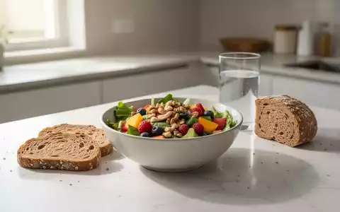 Ein minimalistischer Küchentresen mit einer Schale buntem Salat, Vollkornbrot und einem Glas Wasser, die Gesundheit symbolisieren. - Foto: über boerse-global.de