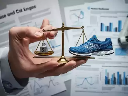 Eine Hand hält eine Waage, die Kalorien gegen einen Sportschuh abwägt, mit einem verschwommenen Hintergrund aus Forschungsdokumenten. - Foto: über boerse-global.de