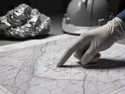 Nahaufnahme einer geologischen Karte, auf der eine Hand auf einen Bereich zeigt, im Hintergrund unscharf ein Silbererz. - Foto: über boerse-global.de