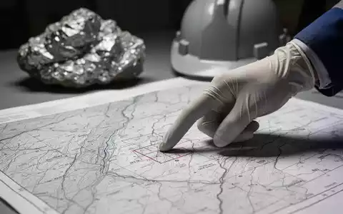 Nahaufnahme einer geologischen Karte, auf der eine Hand auf einen Bereich zeigt, im Hintergrund unscharf ein Silbererz. - Foto: über boerse-global.de