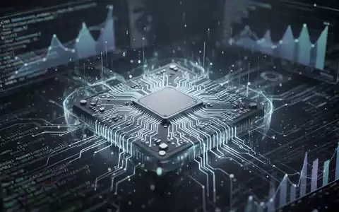 Nahaufnahme eines futuristischen Mikrochips mit leuchtenden Schaltkreisen, umgeben von verschwommenen digitalen Datenvisualisierungen und Code. - Foto: über boerse-global.de