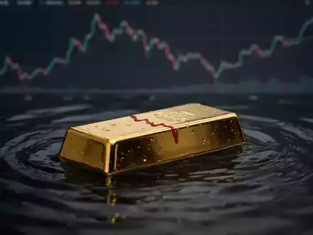 Ein goldener Barren, der teilweise in dunkles Wasser getaucht ist, mit einer roten Linie, die einen leichten Rückgang anzeigt. - Foto: über boerse-global.de