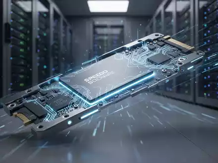 Nahaufnahme eines futuristischen SSDs mit leuchtend blauen Schaltkreisen, die fortschrittliche Technologie und Geschwindigkeit andeuten. - Foto: über boerse-global.de