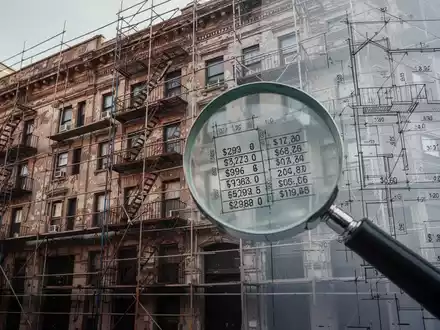Ein detaillierter Bauplan über einem alten Mehrfamilienhaus mit Gerüst, eine Lupe hebt Zahlen hervor. - Foto: über boerse-global.de