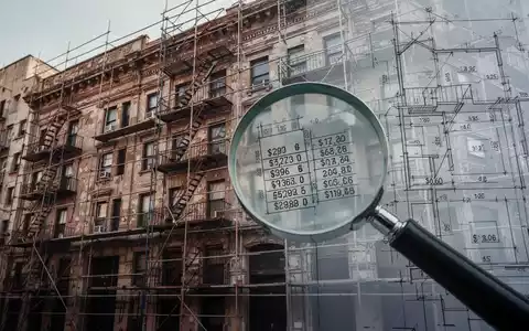 Ein detaillierter Bauplan über einem alten Mehrfamilienhaus mit Gerüst, eine Lupe hebt Zahlen hervor. - Foto: über boerse-global.de