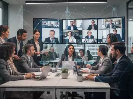 Eine Gruppe von Fachleuten arbeitet in einem modernen Büro, einige persönlich, andere über Videokonferenzbildschirme zugeschaltet. - Foto: über boerse-global.de