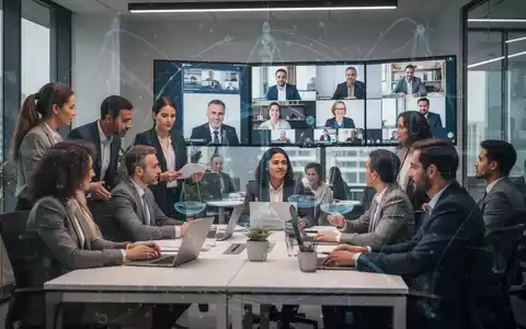 Eine Gruppe von Fachleuten arbeitet in einem modernen Büro, einige persönlich, andere über Videokonferenzbildschirme zugeschaltet. - Foto: über boerse-global.de