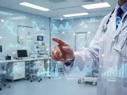 Eine Hand eines Arztes interagiert mit einem holografischen Interface, das medizinische Daten und Diagramme anzeigt. - Foto: über boerse-global.de