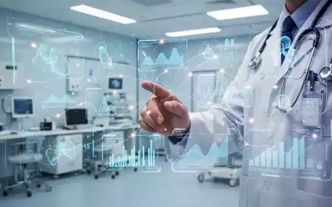 Eine Hand eines Arztes interagiert mit einem holografischen Interface, das medizinische Daten und Diagramme anzeigt. - Foto: ĂŒber boerse-global.de