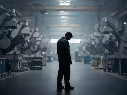 Ein einzelner, nachdenklicher Arbeiter steht silhouettiert in einer modernen Fabrikhalle, unscharfe Maschinen im Hintergrund. - Foto: über boerse-global.de