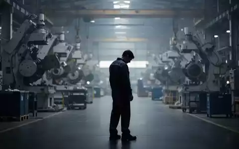 Ein einzelner, nachdenklicher Arbeiter steht silhouettiert in einer modernen Fabrikhalle, unscharfe Maschinen im Hintergrund. - Foto: über boerse-global.de