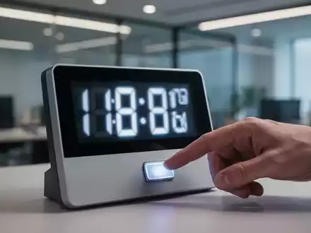 Nahaufnahme einer digitalen Zeiterfassungsuhr mit einer Hand, die eine Taste drückt, im Hintergrund ein modernes Büro. - Foto: über boerse-global.de
