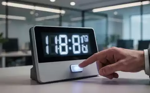 Nahaufnahme einer digitalen Zeiterfassungsuhr mit einer Hand, die eine Taste drückt, im Hintergrund ein modernes Büro. - Foto: über boerse-global.de
