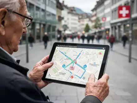 Ältere Person in der Schweiz navigiert mit einem Tablet durch eine digitale Karte, die barrierefreie Wege in einer Stadt anzeigt. - Foto: über boerse-global.de