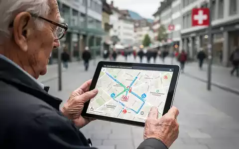 Ältere Person in der Schweiz navigiert mit einem Tablet durch eine digitale Karte, die barrierefreie Wege in einer Stadt anzeigt. - Foto: über boerse-global.de