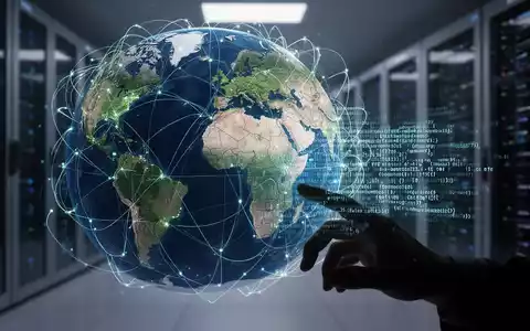 Stilisierte Weltkugel mit digitalen Verbindungen, Hand greift nach KI-Code, verschwommene Rechenzentren – Symbol für globale KI-Politik und Handel. - Foto: über boerse-global.de