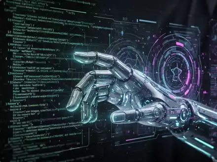 Leuchtende, futuristische Hand interagiert mit holografischer Code-Oberfläche, symbolisiert KI-gesteuerte Malware-Erstellung. - Foto: über boerse-global.de