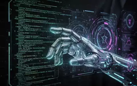 Leuchtende, futuristische Hand interagiert mit holografischer Code-Oberfläche, symbolisiert KI-gesteuerte Malware-Erstellung. - Foto: über boerse-global.de