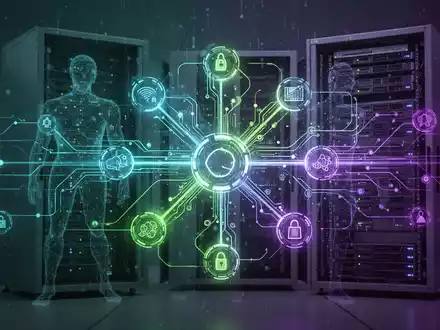 Glühendes digitales Workflow-Diagramm mit verbundenen Knoten und Datenströmen, symbolisiert moderne Automatisierung, im Kontrast zu einem sich auflösenden traditionellen Server-Rack. - Foto: über boerse-global.de