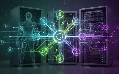 Glühendes digitales Workflow-Diagramm mit verbundenen Knoten und Datenströmen, symbolisiert moderne Automatisierung, im Kontrast zu einem sich auflösenden traditionellen Server-Rack. - Foto: über boerse-global.de