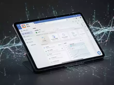 Tablet-Bildschirm mit WPS Office-Oberfläche, umgeben von abstrakten digitalen Linien, die KI und Datenfluss symbolisieren. - Foto: über boerse-global.de