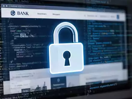 Ein digitales Vorhängeschloss-Symbol über einer verschwommenen Bank-Website auf einem Computerbildschirm, das Datenschutzmängel symbolisiert. - Foto: über boerse-global.de