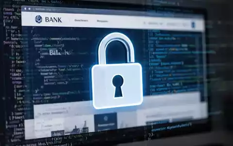 Ein digitales Vorhängeschloss-Symbol über einer verschwommenen Bank-Website auf einem Computerbildschirm, das Datenschutzmängel symbolisiert. - Foto: über boerse-global.de