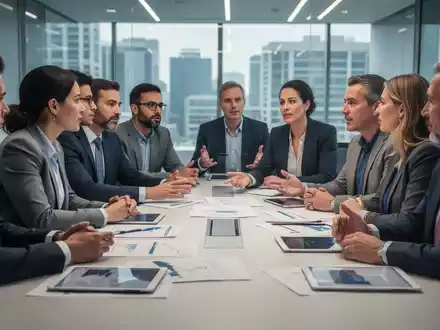 Eine Gruppe von Angestellten des öffentlichen Dienstes sitzt an einem Konferenztisch und diskutiert Dokumente und Tablets. - Foto: über boerse-global.de