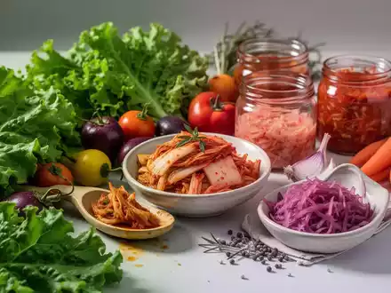 Nahaufnahme von frischen, farbenfrohen veganen Zutaten und fermentierten Lebensmitteln, künstlerisch arrangiert auf einer minimalistischen Oberfläche. - Foto: über boerse-global.de