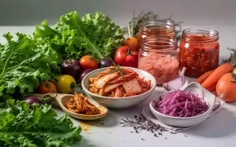 Nahaufnahme von frischen, farbenfrohen veganen Zutaten und fermentierten Lebensmitteln, künstlerisch arrangiert auf einer minimalistischen Oberfläche. - Foto: über boerse-global.de