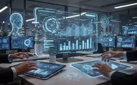Holografische Präsentation mit Diagrammen und Daten, Hände interagieren mit Bildschirm, symbolisiert KI und Produktivität. - Foto: über boerse-global.de